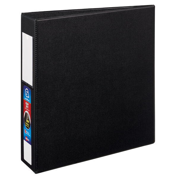 a black binder with white labels