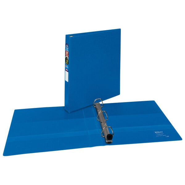 A blue binder with a silver ring binder.