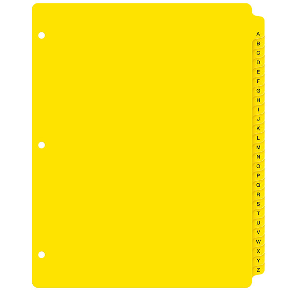 A yellow plastic file folder divider set with black letters on white tabs that say A-Z.