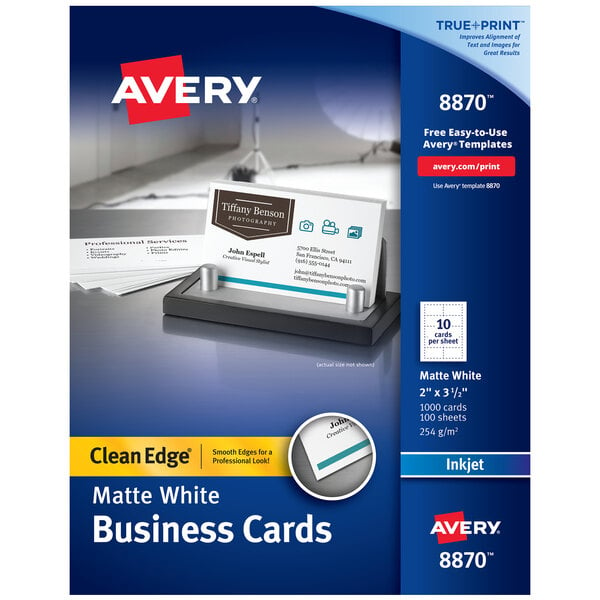 A box of 1000 Avery matte white business cards with clean edges.