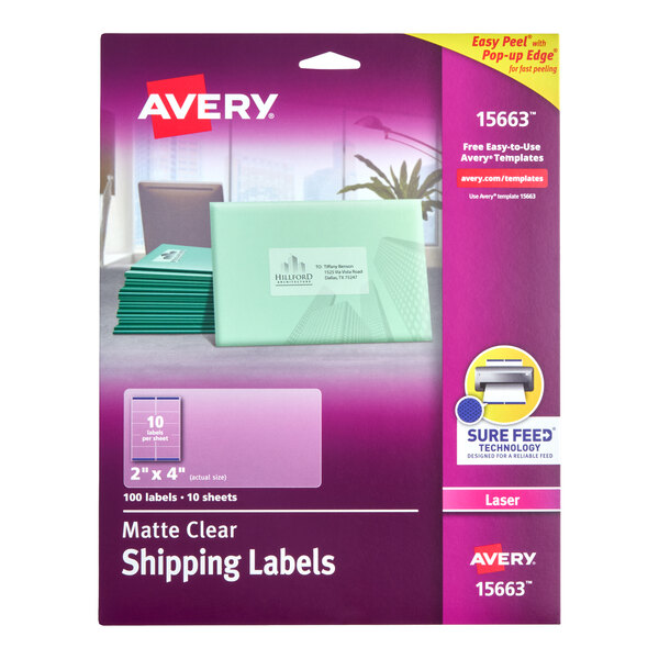 Avery® 15663 Easy Peel 2" x 4" Matte Clear Laser Printer Shipping Labels - 100/Pack