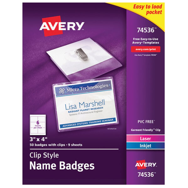 A purple package with a white label and a clip on it containing Avery White Landscape Clip Style Name Badges with Flexible Holders.