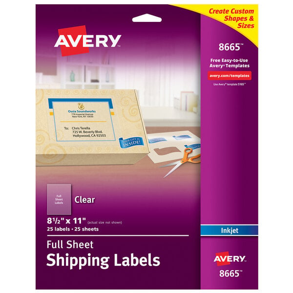 A package of Avery clear full sheet shipping labels.