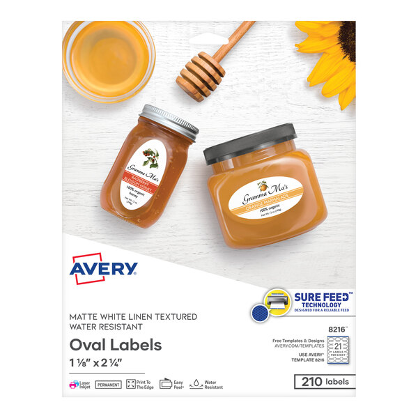 A package of Avery oval white textured labels with honey and flowers.