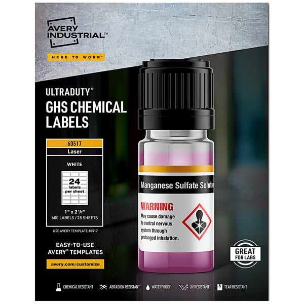 A package of Avery UltraDuty GHS chemical labels on a counter.