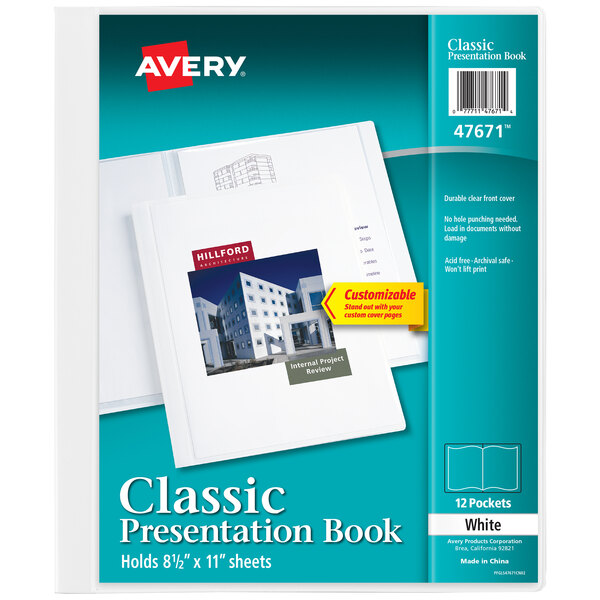 An Avery white presentation book with blue text on the cover.