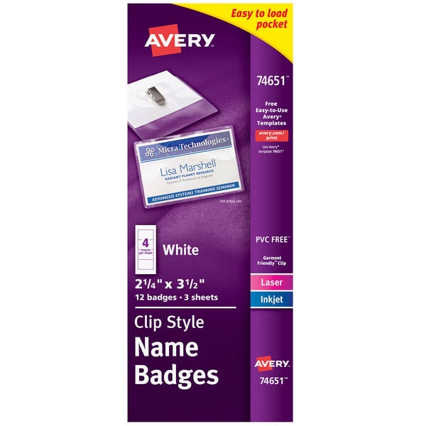 A package of 12 Avery white landscape clip style name badges with a flexible holder. The package is purple and white with a white label.