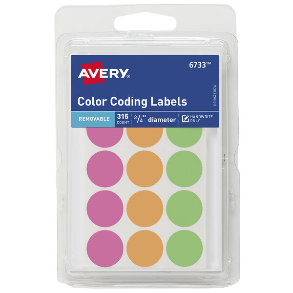 A package of Avery neon color-coding labels in yellow, pink, and orange circles.