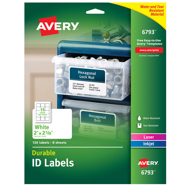 A package of Avery White Rectangle Durable ID Labels with white ink on a white background.