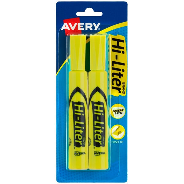 A package of 2 Avery fluorescent yellow desk style highlighters with chisel tips.
