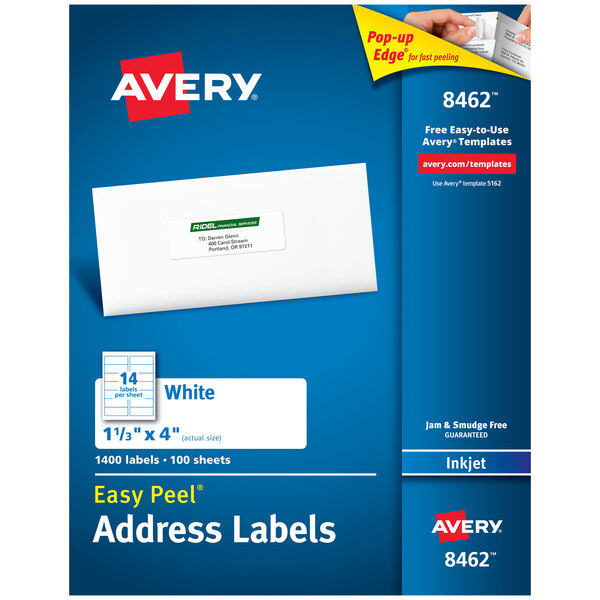 A blue box of Avery white mailing address labels with a white rectangular label and red text.