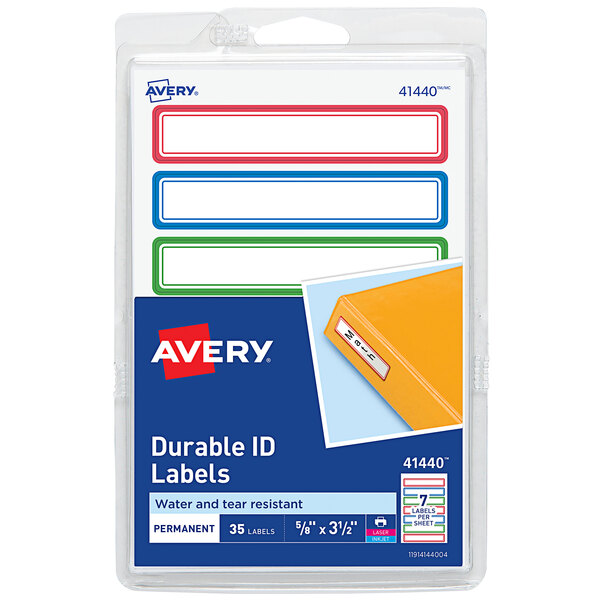 A package of 35 Avery kids' gear labels in assorted colors with white backgrounds.