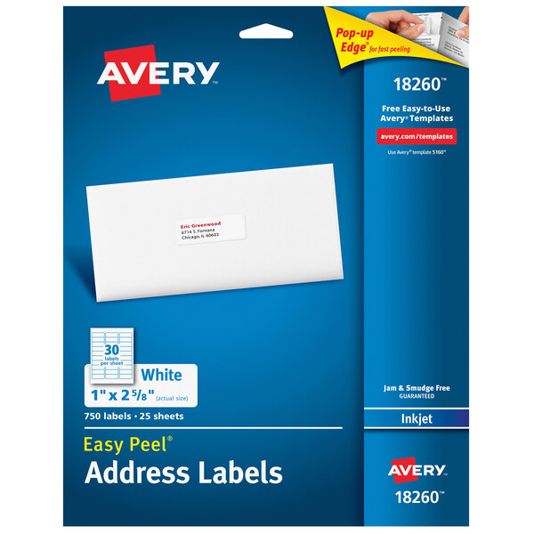 A blue box of white Avery address labels with a black border.