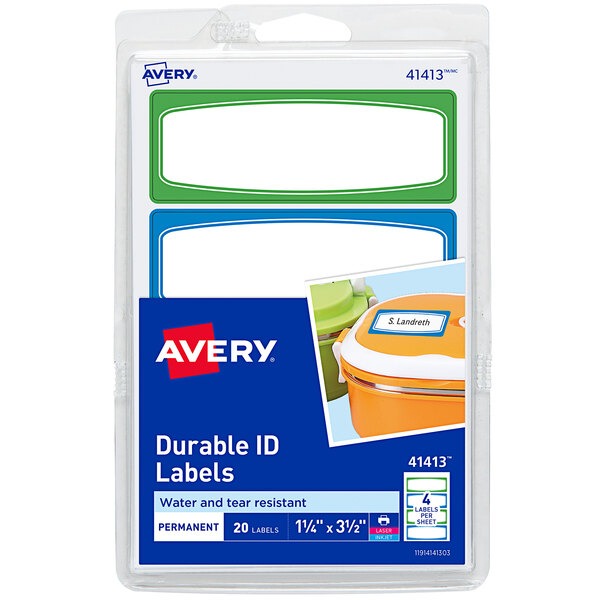 A package of Avery Assorted Color Handwrite Only Kids' Gear Labels with white labels on an orange container.