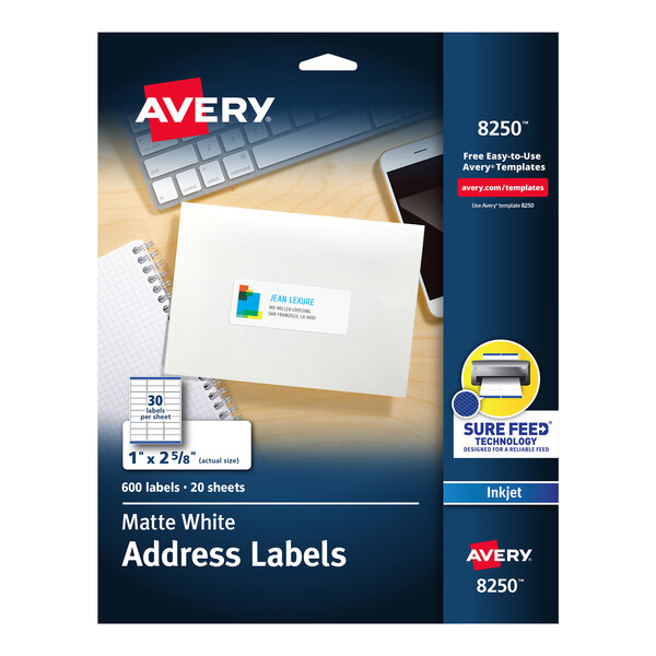 A box of Avery Matte White Rectangle Color Printing Labels with white address labels.