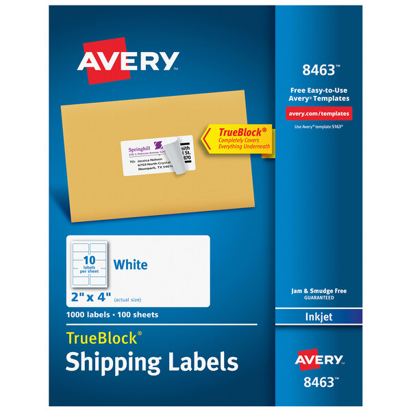 A blue package of Avery white inkjet shipping labels with white labels and a blue and yellow rectangle.