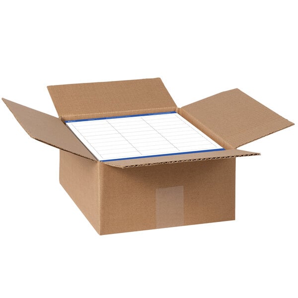 A cardboard box with a white sheet of Avery Waterproof White Mailing Labels.