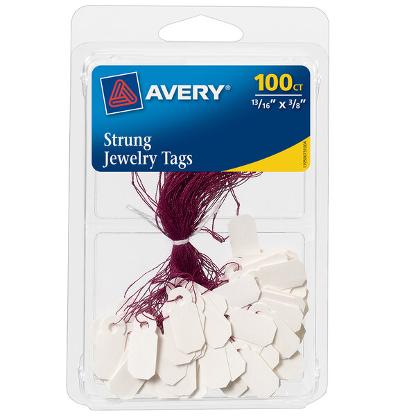 A package of 100 Avery white rayon strung jewelry tags.