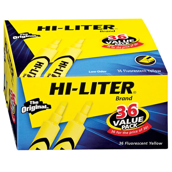 A box of 36 Avery Hi-Liter yellow desk style highlighters.