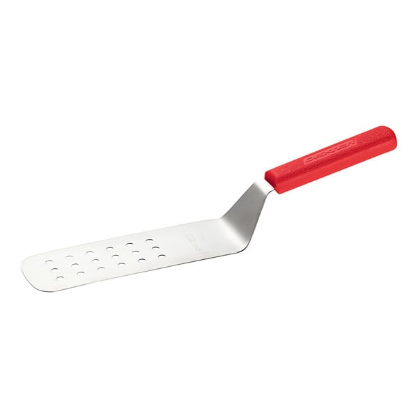 A close-up of a red Dexter-Russell perforated turner with a white handle.