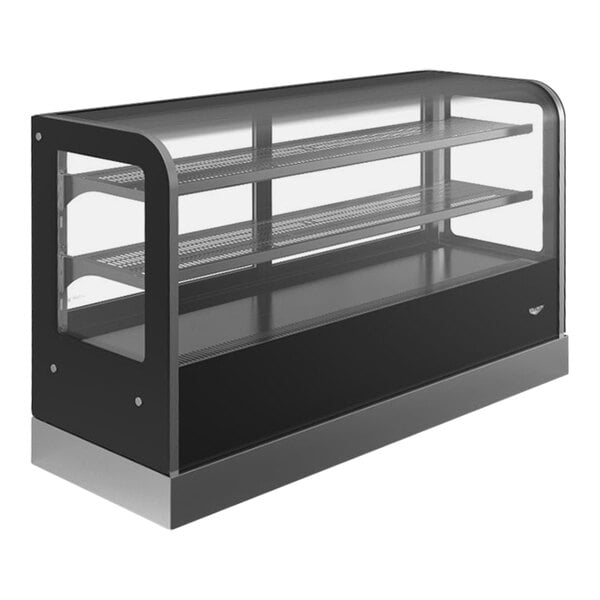 A black Vollrath Cubed Countertop Display Case with glass doors on a bakery counter.