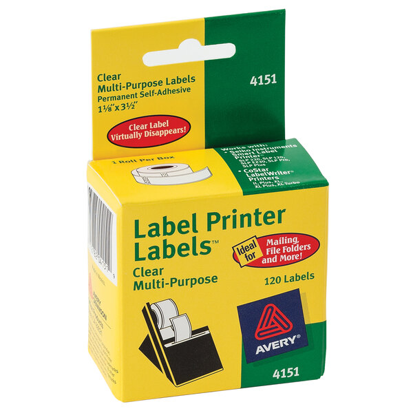 A yellow box of Avery Clear Multipurpose Labels with a label showing white labels with green and yellow accents.