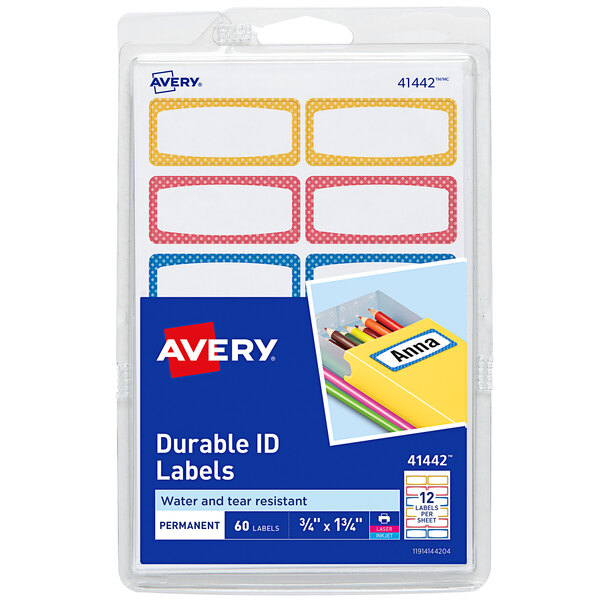 A package of Avery kids' gear labels in assorted colors on a white background.