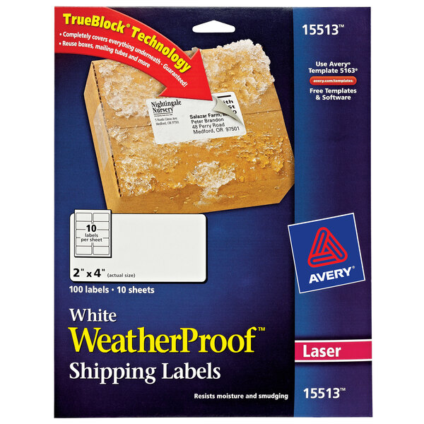 Avery 15513 TrueBlock WeatherProof 2" x 4" White Permanent Laser