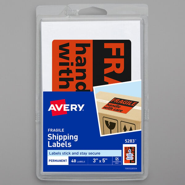 A package of Avery Neon Red Fragile Handle with Care Mailing Labels on a box.