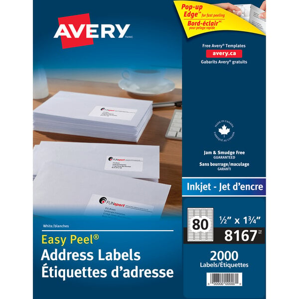 A box of white Avery Easy Peel Return Address Labels.