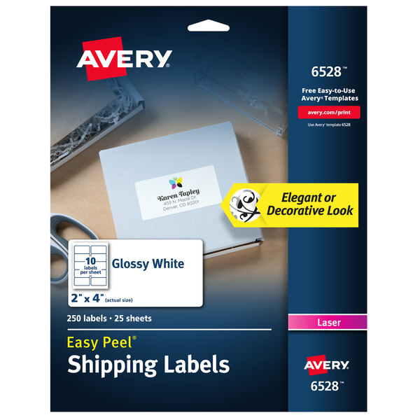 A package of Avery white shipping labels with a close-up of a label.