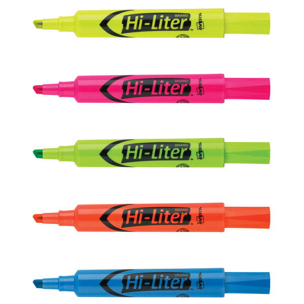 A pack of four Avery Hi-Liter desk style highlighters in assorted colors.