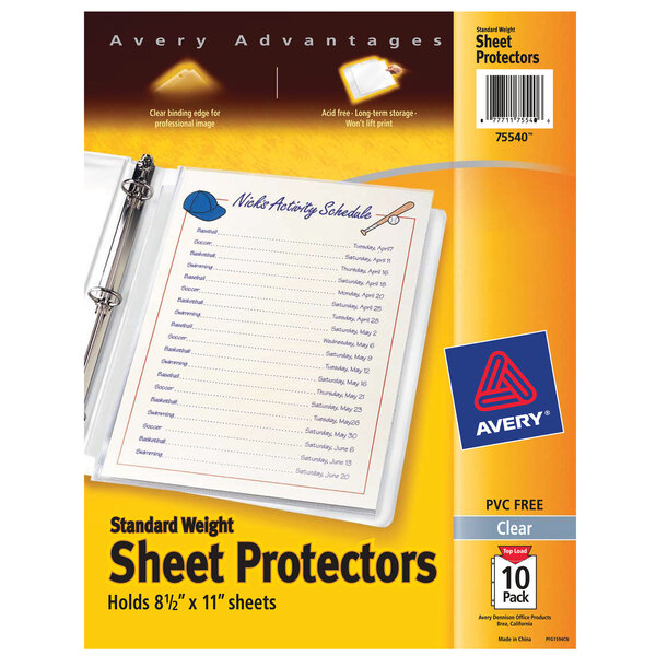 A white Avery sheet protector protecting a white sheet in a yellow binder.