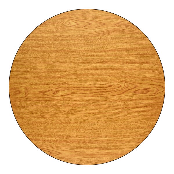 A round, wood-grain tabletop with a light oak finish.