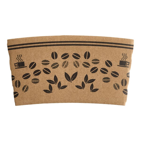 A brown printed coffee cup sleeve with black coffee cup, coffee bean, and leaf designs.