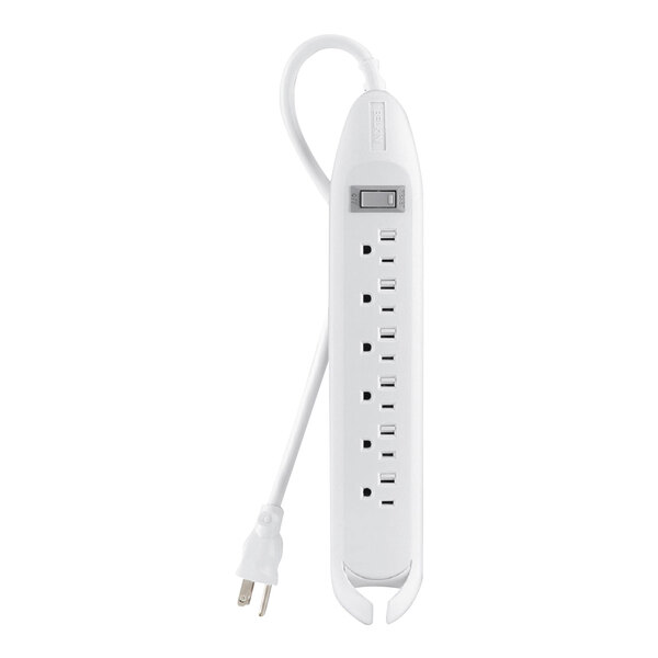 A white Belkin power strip with a cord attached to it.