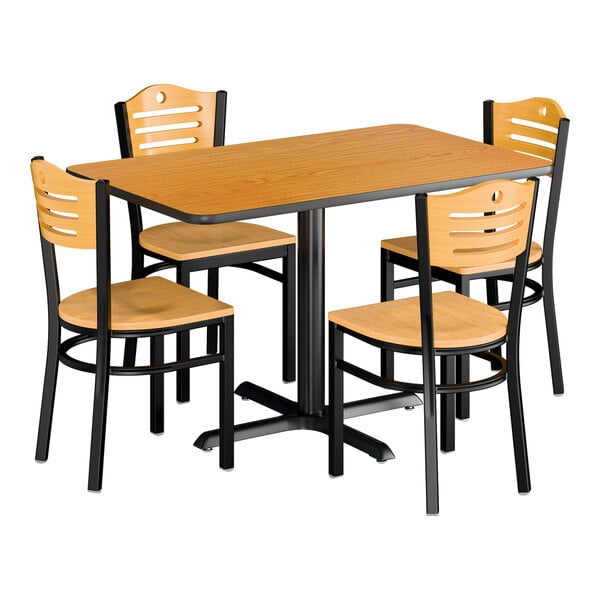 Lancaster Table & Seating 30" x 48" Reversible Walnut / Oak Standard Height Dining Set with Natural Chair and Wood Seat