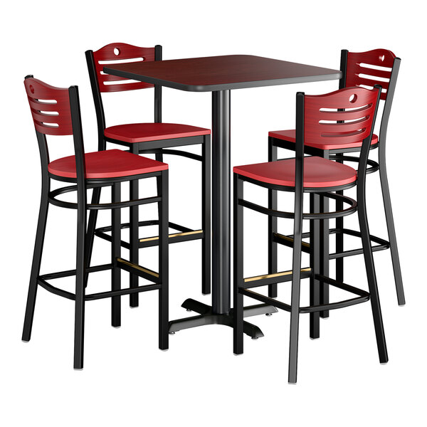 Lancaster Table & Seating 30" x 30" Reversible Cherry / Black Bar Height Dining Set with Mahogany Bar Stool and Wood Seat
