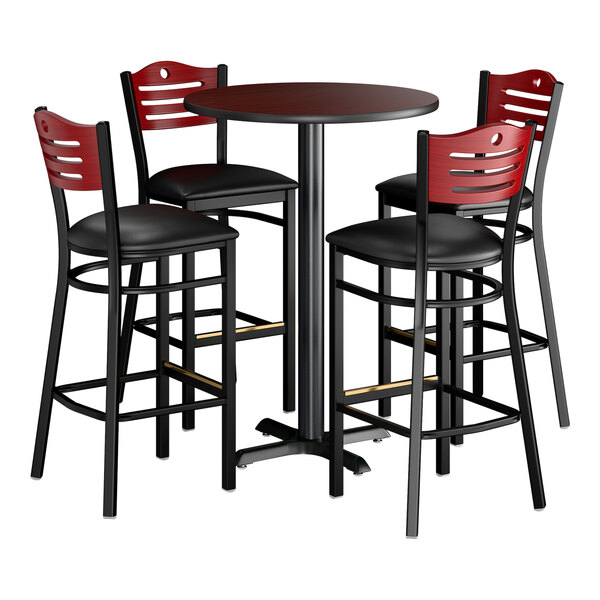 Lancaster Table & Seating 30" Round Reversible Cherry / Black Bar Height Dining Set with Mahogany Bar Stool and Padded Seat