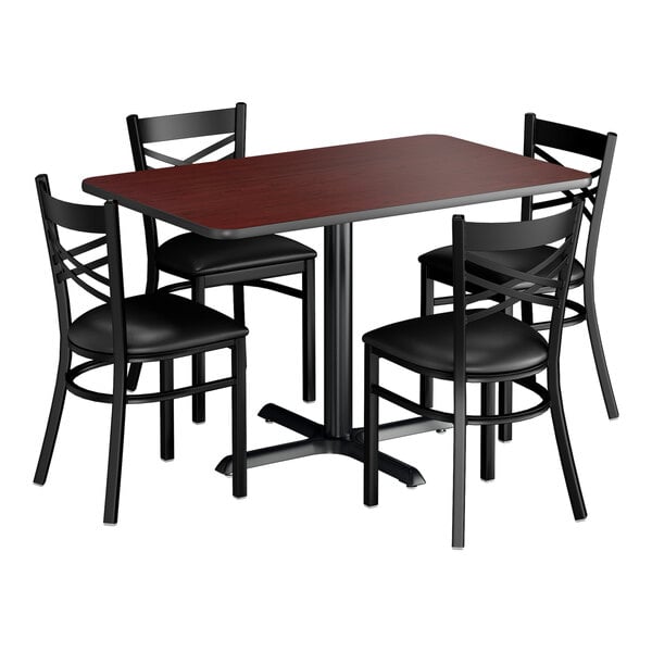Lancaster Table & Seating 30" x 48" Reversible Cherry / Black Standard Height Dining Set with Black Cross Back Chair and Padded Seat