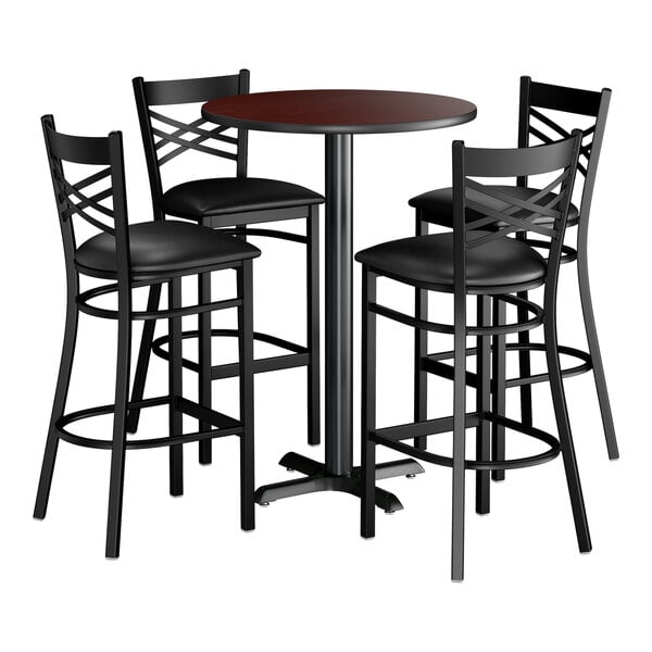 Lancaster Table & Seating 30" Round Reversible Cherry / Black Bar Height Dining Set with Black Cross Back Bar Stool and Padded Seat