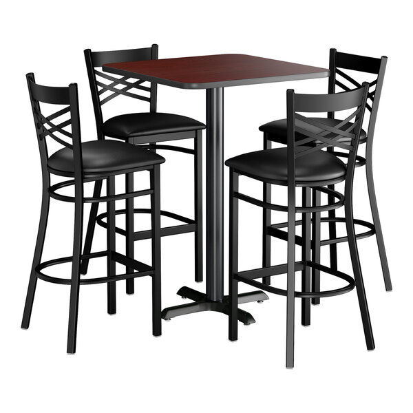 Lancaster Table & Seating 30" x 30" Reversible Cherry / Black Bar Height Dining Set with Black Cross Back Bar Stool and Padded Seat