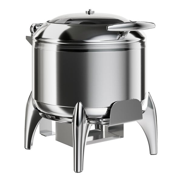 Acopa Voyage 11 Qt. Round Stainless Steel Induction Soup Chafer with Glass Top, Soft-Close Lid, and Stand with Fuel Holder