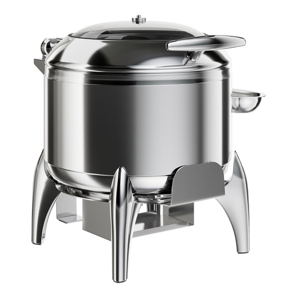 An Acopa stainless steel soup chafer with a glass lid.
