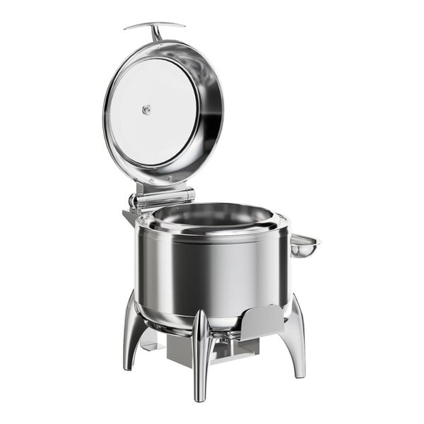 An Acopa stainless steel soup chafer with soft-close glass lid.