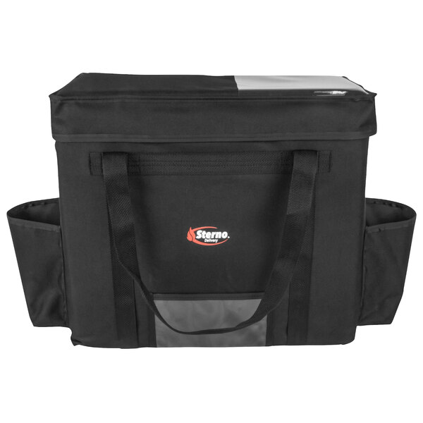 A black Sterno insulated food carrier bag with a handle.
