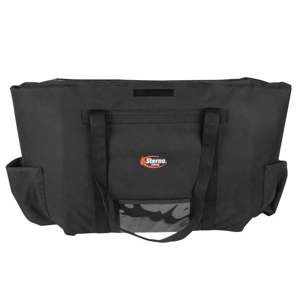 A black Sterno insulated food carrier bag with a zipper and handle.
