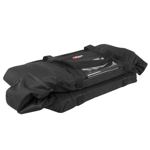 A black Sterno insulated food carrier with clear plastic inside.