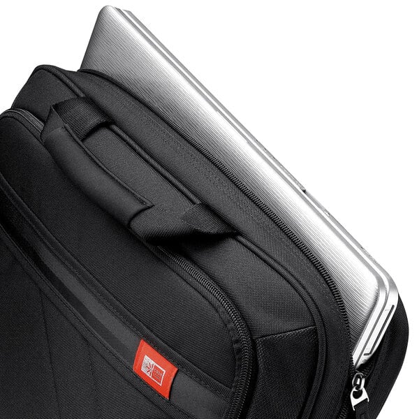 A Case Logic black laptop bag with a laptop inside.