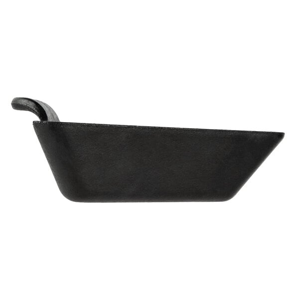 A black Lodge cast iron triangular server with handles.